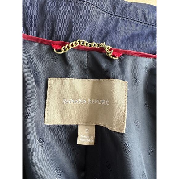 Banana Republic Trench Coat Navy White Ribbon Trim Belted Pocket Women size S - Picture 12 of 13